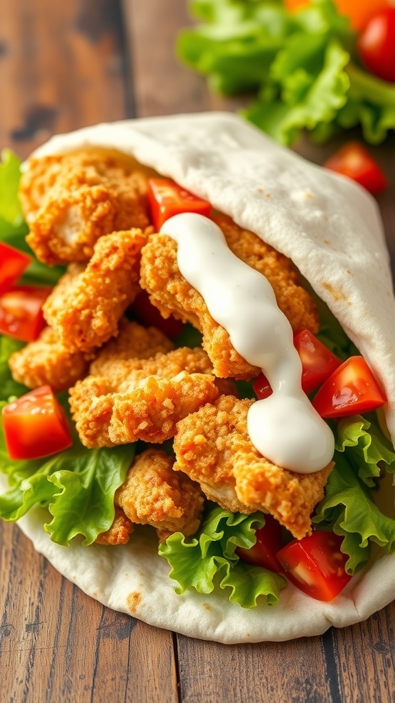A crispy chicken wrap with golden chicken strips, lettuce, and tomatoes, served on a wooden table.